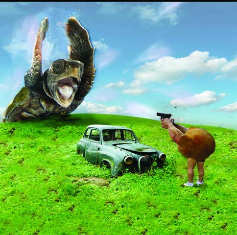 Surreal montage with a giant turtle, small car and figure on a green hill
