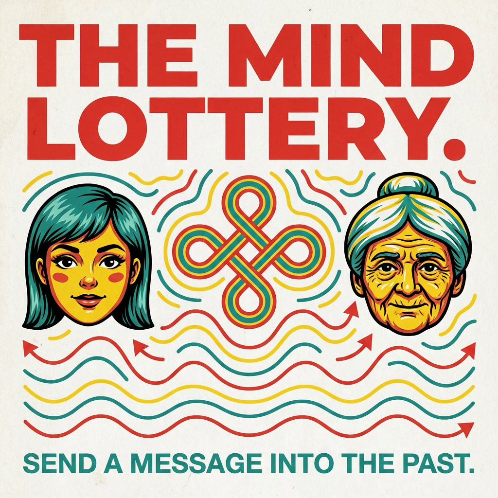 Mind Lottery cover: young and older faces connected by colorful lines. Send a message into the past.