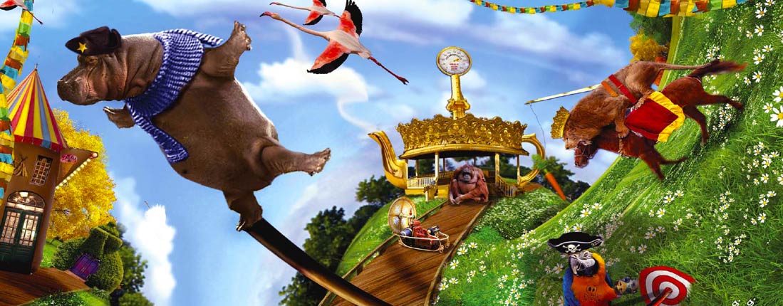 A hippo, teapot structure and animals in a SteamPotVille illustration