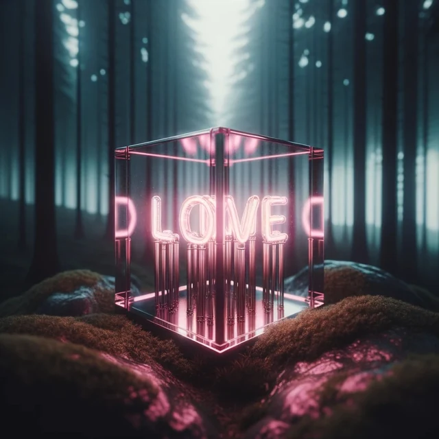 Pink lettering in a forest