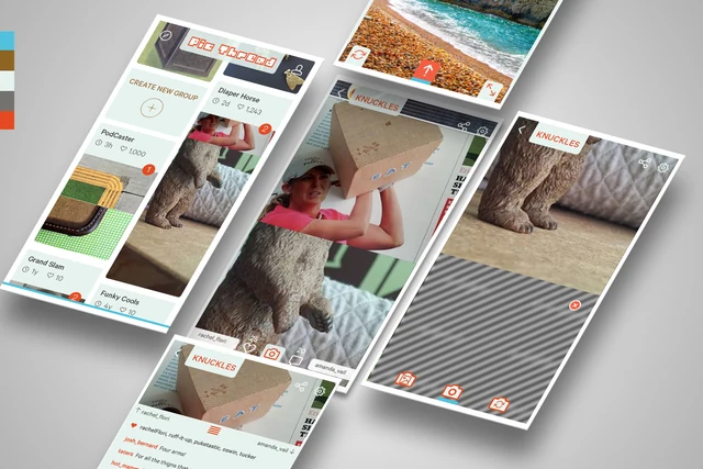 PicThread mobile app mockup showing a collage thread on a phone