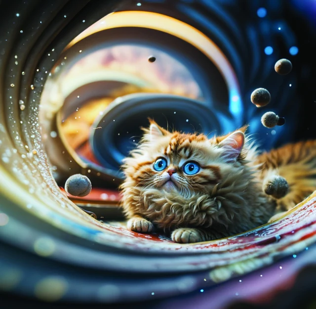 Kitten among luminous curved rings and planets